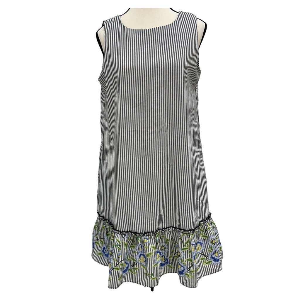 Emma & Michele Shift Dress Womens Size Medium Black White Stripe Good Floral Hem